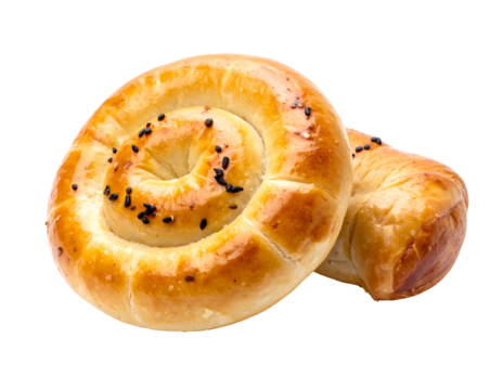 Two golden, spiraled pastries topped with black seeds against a transparent background