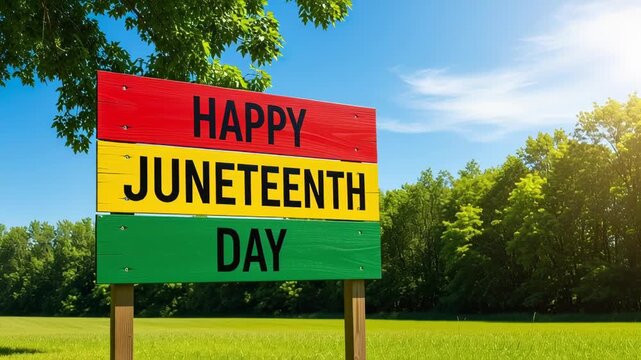 A wooden sign with red, green, and yellow colors and the text 'Happy Juneteenth Day' standing on a green grassy field Juneteenth Day Celebration concept
