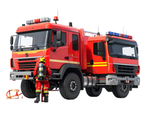 Two connected red fire trucks with firefighter in full gear standing near them; helmet lying on ground