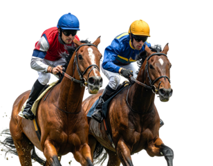 Two racehorses compete head-to-head with their jockeys in colorful silks during a horse race, intense and fast