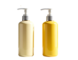 Two cosmetic pump bottles, one cream, one yellow, stand side-by-side against a stark black backdrop