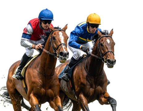 Two racehorses compete head-to-head with their jockeys in colorful silks during a horse race, intense and fast