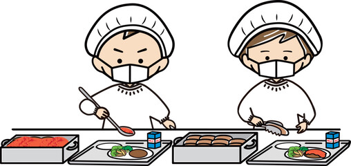 給食当番でパンとおかずを配膳する男の子と女の子