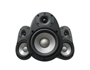 Trio of sleek, black speakers, arranged with a dominant central speaker against a stark black background