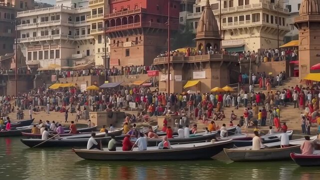 Varanasi Ganga Aarti Spiritual Gathering of Devotees on Boats Witnessing the Sacred Evening Rituals Along the Riverbanks