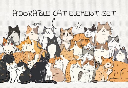 Adorable Cat Illustration Design Element Set