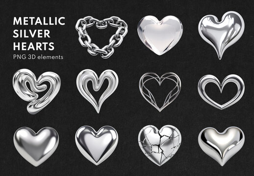 Heart Silver Metallic Shape Isolated Image Set