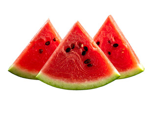 Trio of watermelon slices, bright red flesh dotted with black seeds, contrasted against a dark background
