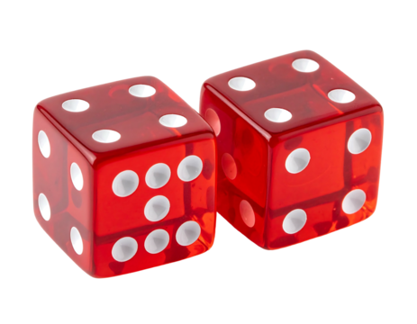 Two red, translucent dice show spots one through six; one dice slightly overlapping, on black