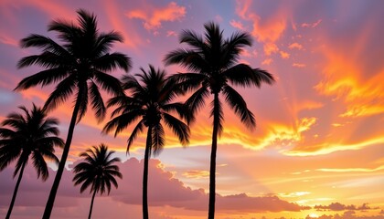 Obraz premium Breathtaking Sunset Over Tropical Palm Trees in a Vibrant Sky with Colorful Clouds and Golden Hues at Dusk