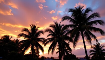 Obraz premium Breathtaking Sunset Over Tropical Palm Trees with Vibrant Sky Colors and Serene Atmosphere