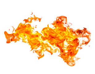 Vivid orange flames erupt and intertwine, forming an abstract shape against a stark black background