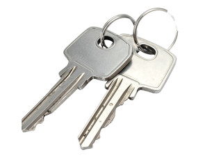 Two metal keys on a keyring, angled slightly on a black background