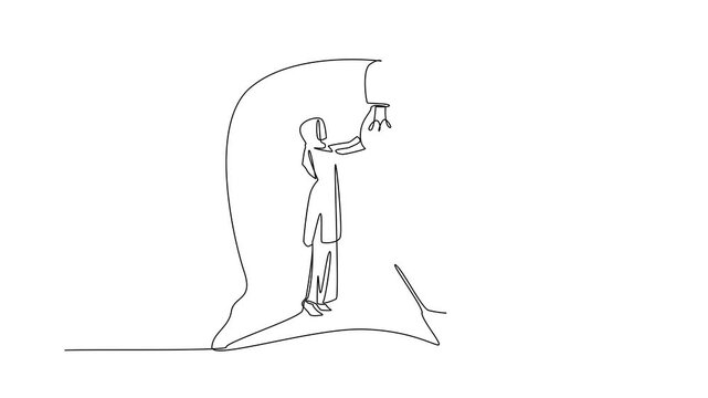 Animated self drawing of continuous one line drawing Arab woman installs a big bulb inside the silhouette of a large head. Symbolism fills memory. Smart. National Creativity Day. Full length animation