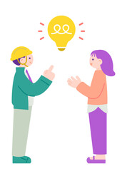 解決策を提案するヘルメットをかぶった作業員と女性