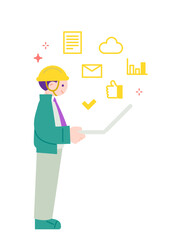 作業服の男性がノートパソコンを操作するDX・システム化のイメージ