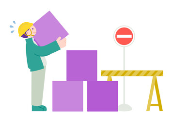 重い箱を積み上げて汗をかく作業員（アナログ作業・非効率のイメージ）