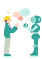 現場でAIロボットと話す作業員　自動化・省人化のイメージ