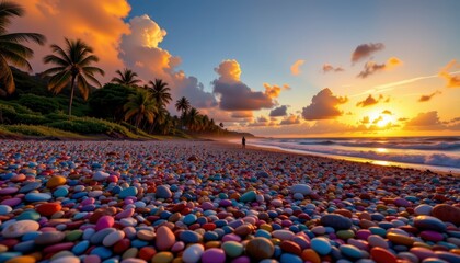 Colorful Pebbles on Tropical Beach at Sunset with Scenic View of Palm Trees and Vibrant Clouds in the Sky