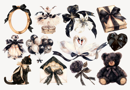 Watercolor Black Coquette Design Element Set