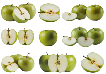 green apples, whole and sliced on white background.