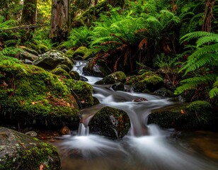 Flowing water stream meandering through lush green ferns and mossy rocks