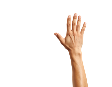 Upward facing hand with fingers spread wide against a stark black background; pale skin with visible veins