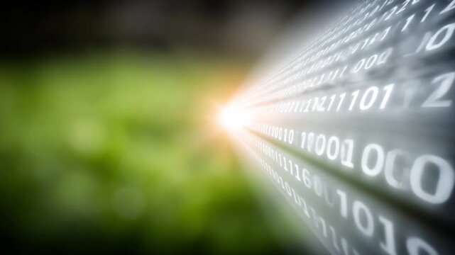 Digital Flow: Binary code streams into the bright, illuminating the path forward with data, reflecting a sense of technological and digital transformation.