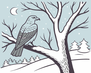 Eagle sitting on a branch in winter landscape with moon and trees