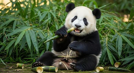 Obraz premium Giant panda eating bamboo shoots in a lush green environment.