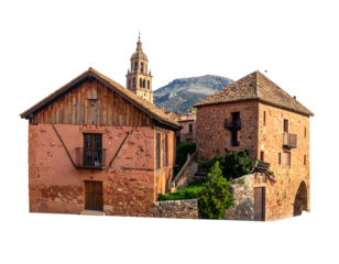 Two old reddish-brown buildings, small balconies, with a church tower and mountain backdrop against a black background