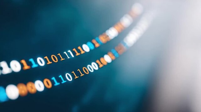 Digital Data Stream: A close-up view of binary code streaming across a dark blue canvas, evoking the essence of technology and the digital age.