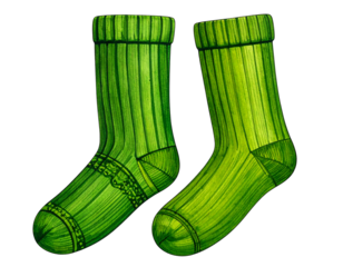 Two green socks, one patterned, sit on a black background. The texture shows vertical lines