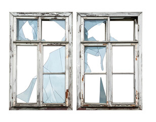 Two old, white-painted, wooden window frames with broken glass panes are set against a black backdrop