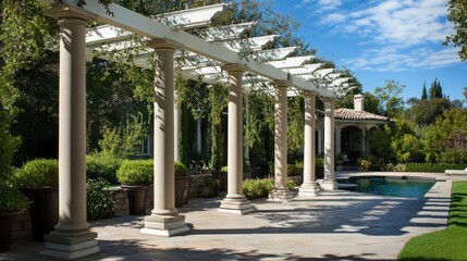 Elegant outdoor colonnade, patio, swimming pool, lush landscaping