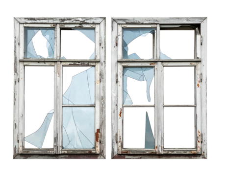 Two old, white-painted, wooden window frames with broken glass panes are set against a black backdrop