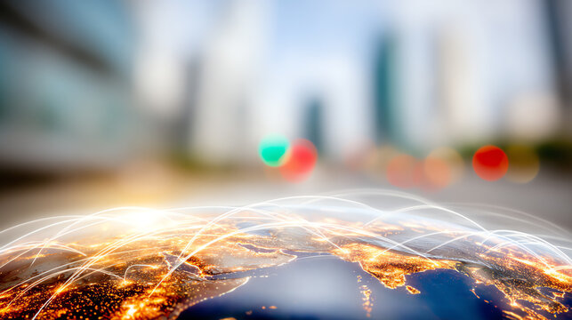 A digital world map overlaid with glowing connections, symbolizing global connectivity and technological progress in urban settings.