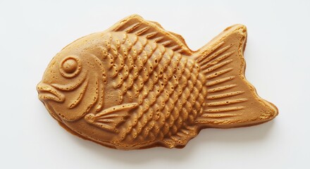 Golden brown fish shaped baked snack rests on a clean white background softly illuminated by studio light. AI Generated
