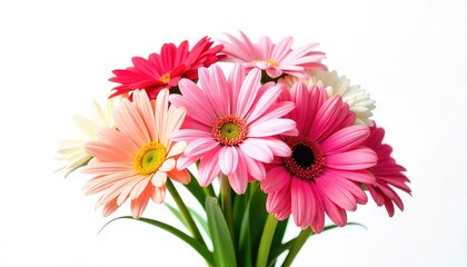 A vibrant bouquet of gerbera daisies in shades of pink red and white against a white background