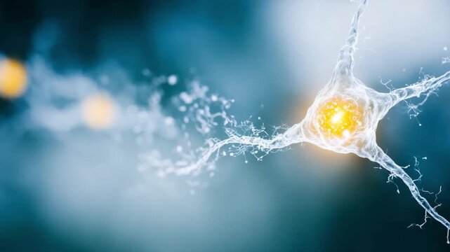 Neuron's Symphony: An intricate dance of light and structure as a neuron stands in its core, with electrical pulses of information surging through its delicate web of branches.