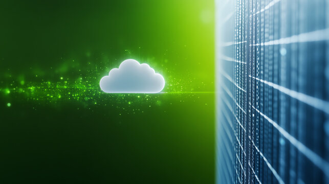 A futuristic cloud computing concept illustrating data transfer with a green backdrop and digital grid design.