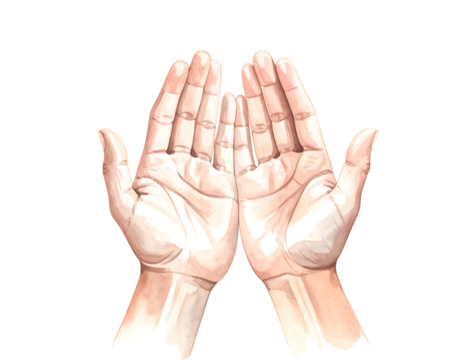 Two opened, pale hands in upward facing watercolor style, contrasted against solid black background