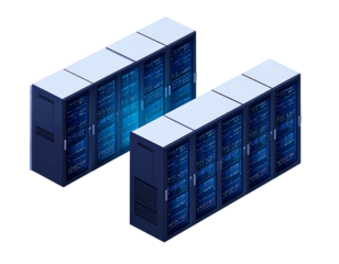 Two server racks stand against a black background, lit in blue and silver, isometric, representing data storage