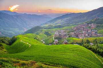 Longji Rice terraces on Yaoshan Mountain in Guangxi, China, sunrise light