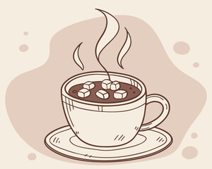 Illustration of a cup of hot chocolate with sugar cubes inside it
