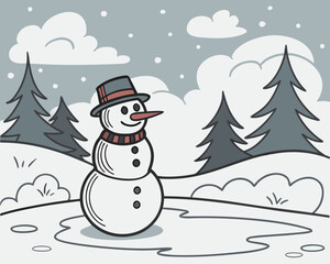Illustration of a snowman in a snowy landscape