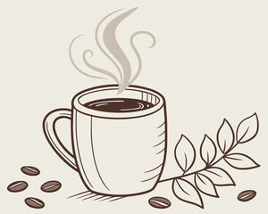 Illustration of a steaming cup of coffee with coffee beans and leaves