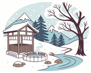 Fototapeta premium Illustration of a winter landscape with hot spring and wooden shelter
