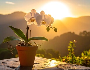 Delicate white orchid blossoms sit in a terracotta pot, bathed in sunset glow