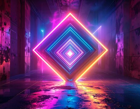 Geometric neon tunnel with luminous square frames and grunge texture